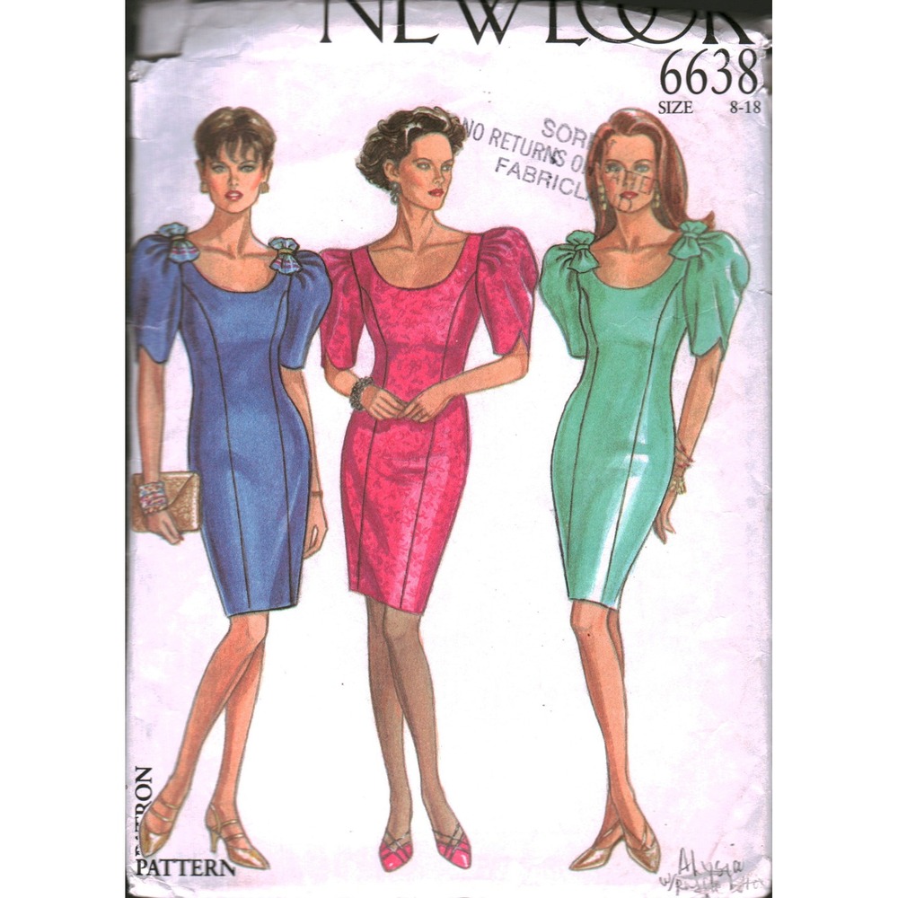 Vintage New Look 6638 Sewing Pattern 80s 90s Puff Sleeve Cocktail Dress Sz 8-18
